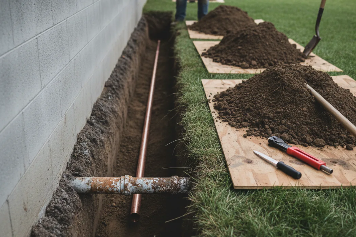 Excavated water line trench during Sewer Line Repair in Fillmore